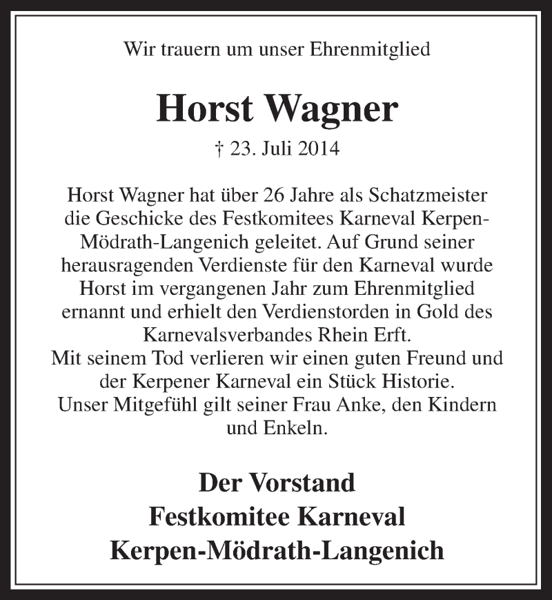  Traueranzeige für Horst Wagner vom 30.07.2014 aus  Werbepost 