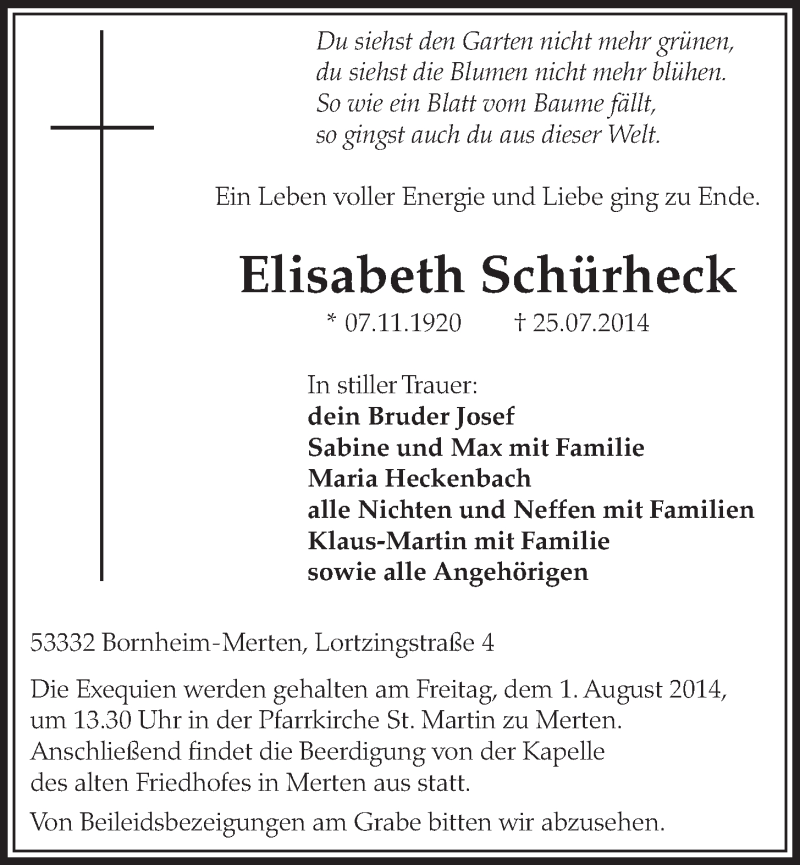  Traueranzeige für Elisabeth Schürheck vom 30.07.2014 aus  Schlossbote/Werbekurier 