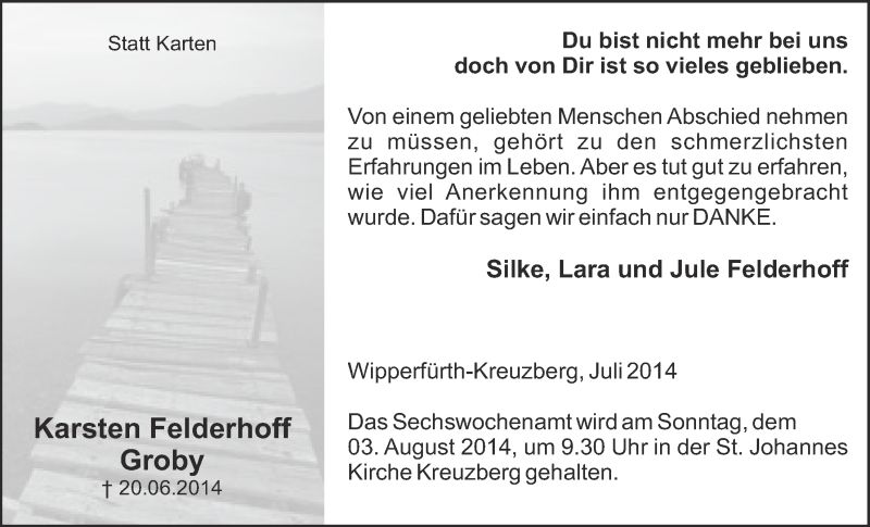  Traueranzeige für Karsten Felderhoff Groby vom 30.07.2014 aus  Anzeigen Echo 