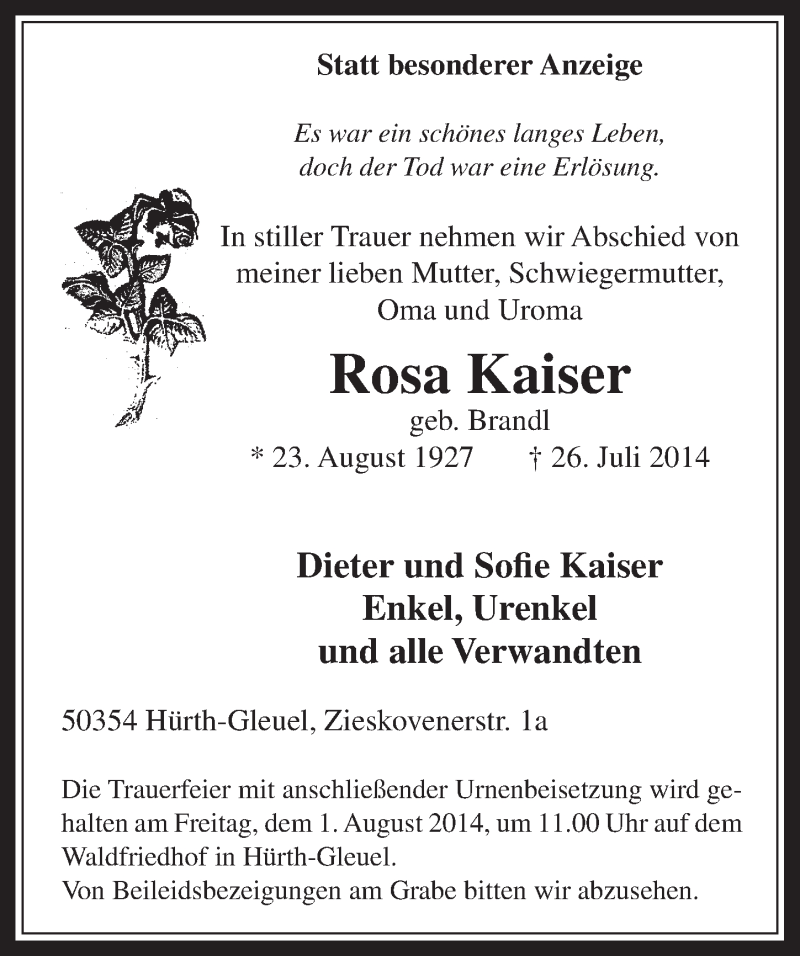  Traueranzeige für Rosa Kaiser vom 30.07.2014 aus  Wochenende 