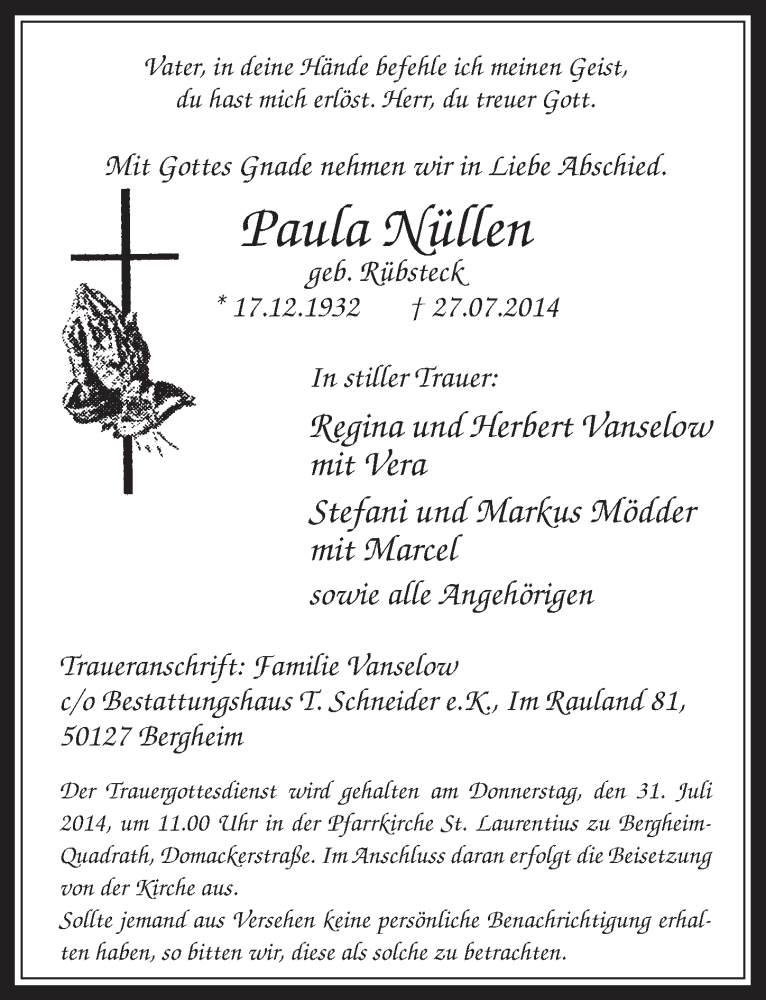  Traueranzeige für Paula Nüllen vom 30.07.2014 aus  Werbepost 
