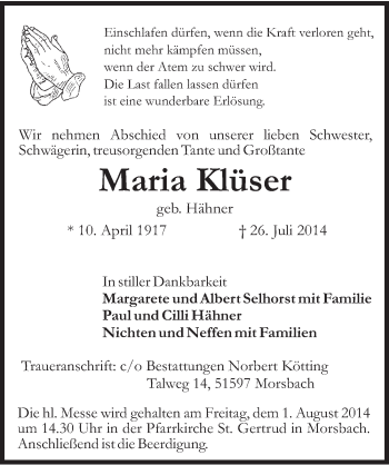 Anzeige von Maria Klüser von  Lokalanzeiger 