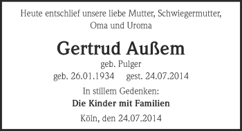 Anzeige von Gertrud Außem von  Kölner Wochenspiegel 