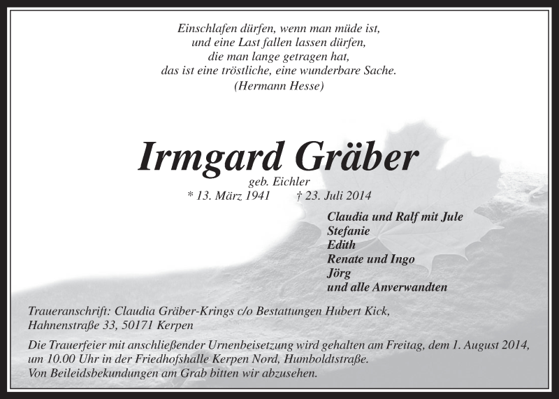  Traueranzeige für Irmgard Gräber vom 30.07.2014 aus  Werbepost 