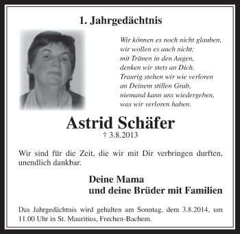 Anzeige von Astrid Schäfer von  Wochenende 