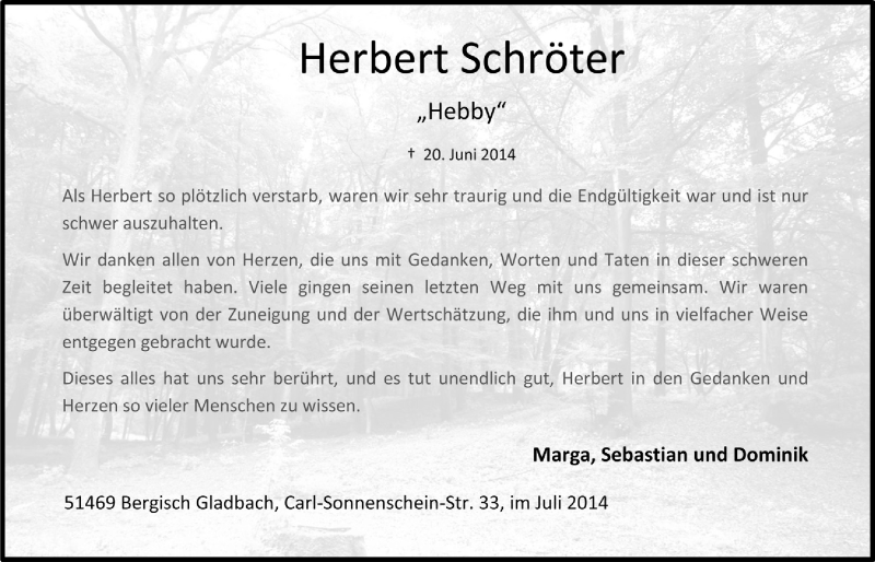  Traueranzeige für Herbert Schröter vom 30.07.2014 aus  Bergisches Handelsblatt 