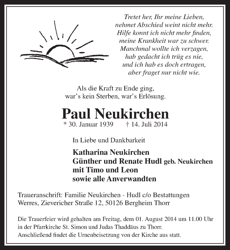  Traueranzeige für Paul Neukirchen vom 30.07.2014 aus  Werbepost 