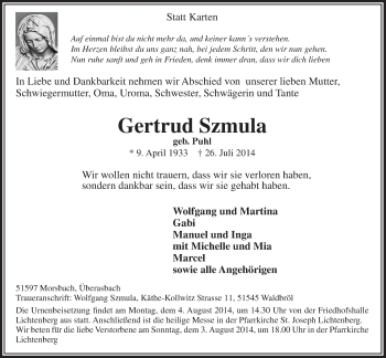 Anzeige von Gertrud Szmula von  Lokalanzeiger 