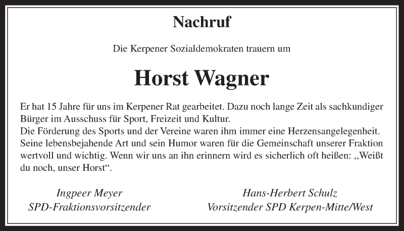  Traueranzeige für Horst Wagner vom 30.07.2014 aus  Werbepost 