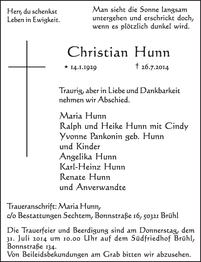  Traueranzeige für Christian Hunn vom 30.07.2014 aus  Schlossbote/Werbekurier 