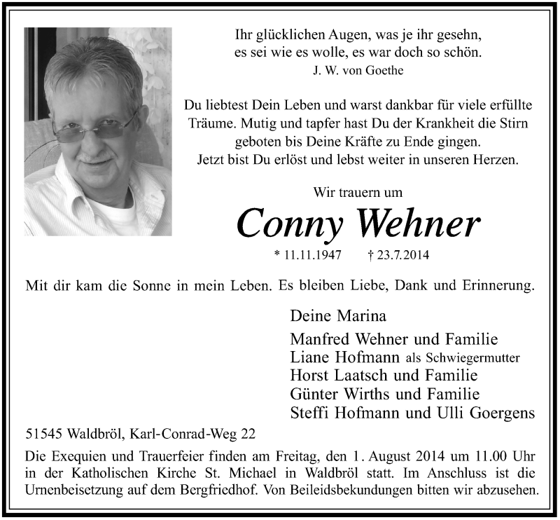  Traueranzeige für Conny Wehner vom 30.07.2014 aus  Lokalanzeiger 