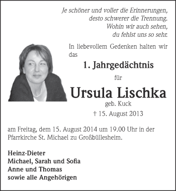 Anzeige von Ursula Lischka von  Blickpunkt Euskirchen 