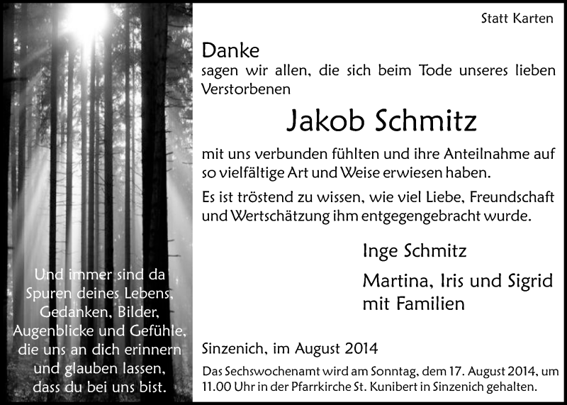  Traueranzeige für Jakob Schmitz vom 10.08.2014 aus  Blickpunkt Euskirchen 
