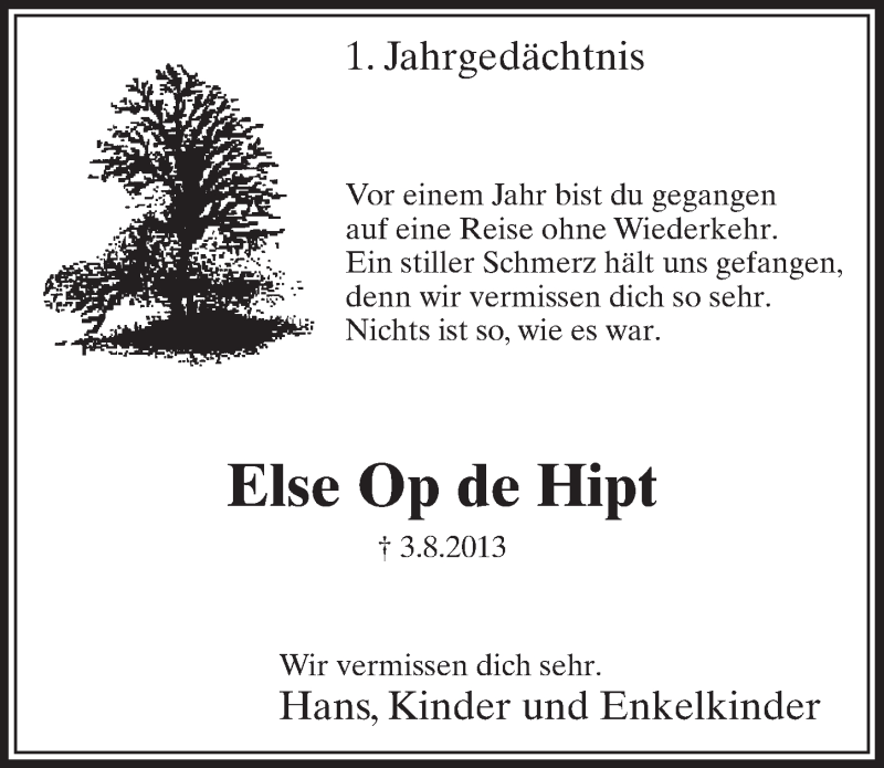  Traueranzeige für Else Op de Hipt vom 02.08.2014 aus  Sonntags-Post 