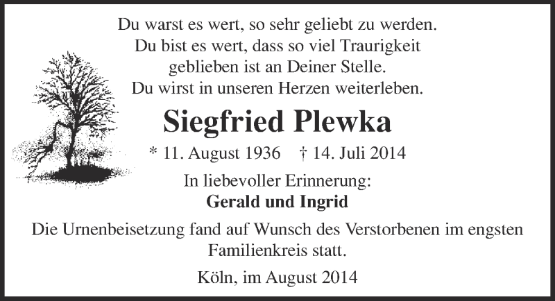  Traueranzeige für Siegfried Plewka vom 20.08.2014 aus  Kölner Wochenspiegel 