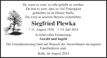 Anzeige von Siegfried Plewka von  Kölner Wochenspiegel 
