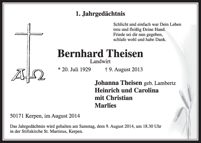  Traueranzeige für Bernhard Theisen vom 02.08.2014 aus  Sonntags-Post 