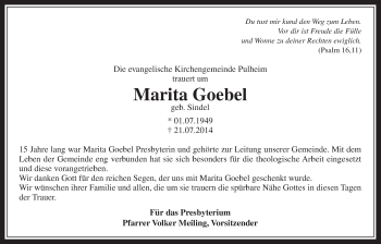 Anzeige von Marita Goebel von  Wochenende 