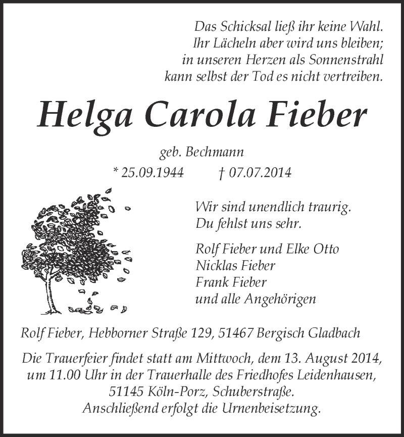  Traueranzeige für Helga Carola Fieber vom 09.08.2014 aus 