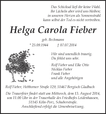 Anzeige von Helga Carola Fieber 