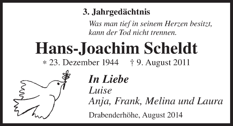  Traueranzeige für Hans-Joachim Scheldt vom 06.08.2014 aus  Anzeigen Echo 
