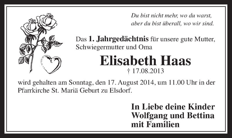  Traueranzeige für Elisabeth Haas vom 13.08.2014 aus  Werbepost 