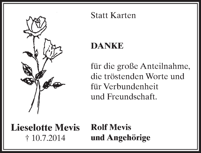  Traueranzeige für Lieselotte Mevis vom 02.08.2014 aus  Sonntags-Post 