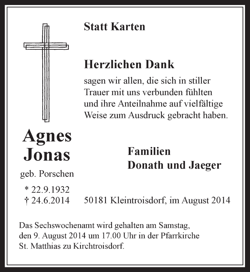  Traueranzeige für Agnes Jonas vom 02.08.2014 aus  Sonntags-Post 