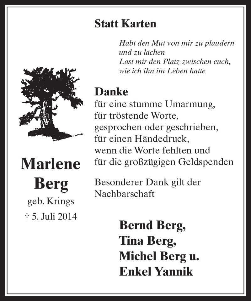  Traueranzeige für Marlene Berg vom 06.08.2014 aus  Werbepost 