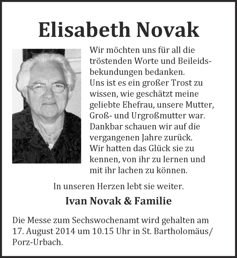  Traueranzeige für Elisabeth Novak vom 13.08.2014 aus  Kölner Wochenspiegel 