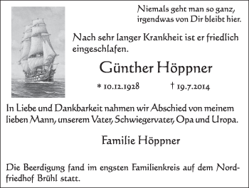 Anzeige von Günther Höpner von  Schlossbote/Werbekurier 