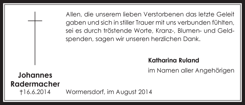  Traueranzeige für Johannes Radermacher vom 13.08.2014 aus  Schaufenster/Blickpunkt 