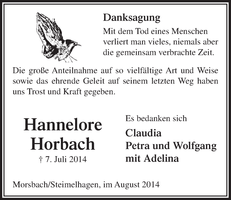  Traueranzeige für Hannelore Horbach vom 06.08.2014 aus  Lokalanzeiger 