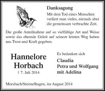 Anzeige von Hannelore Horbach von  Lokalanzeiger 