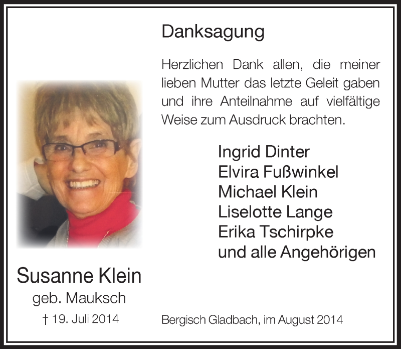  Traueranzeige für Susanne Klein vom 02.08.2014 aus  Bergisches Sonntagsblatt 