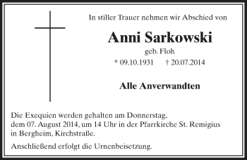 Anzeige von Anni Sarkowski von  Sonntags-Post 