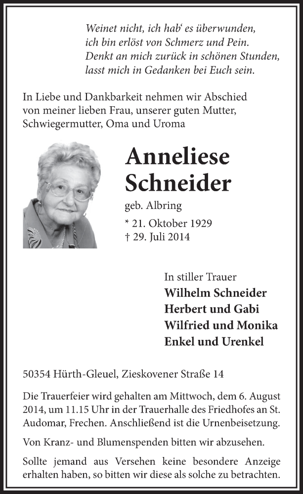  Traueranzeige für Anneliese Schneider vom 02.08.2014 aus  Sonntags-Post 