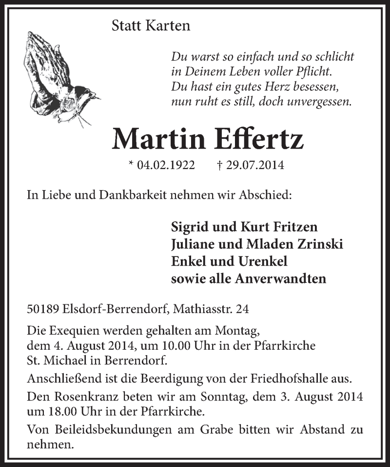  Traueranzeige für Martin Effertz vom 02.08.2014 aus  Sonntags-Post 