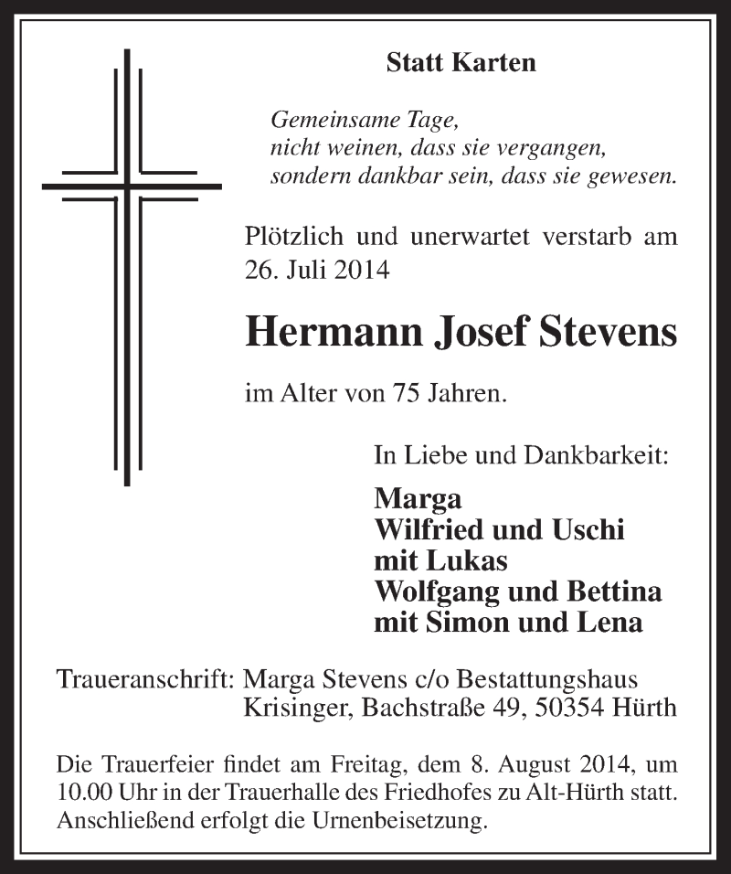  Traueranzeige für Hermann Josef Stevens vom 02.08.2014 aus  Sonntags-Post 