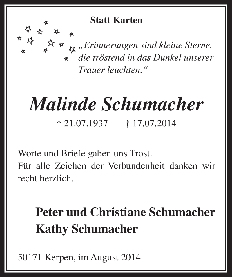  Traueranzeige für Malinde Schumacher vom 06.08.2014 aus  Werbepost 