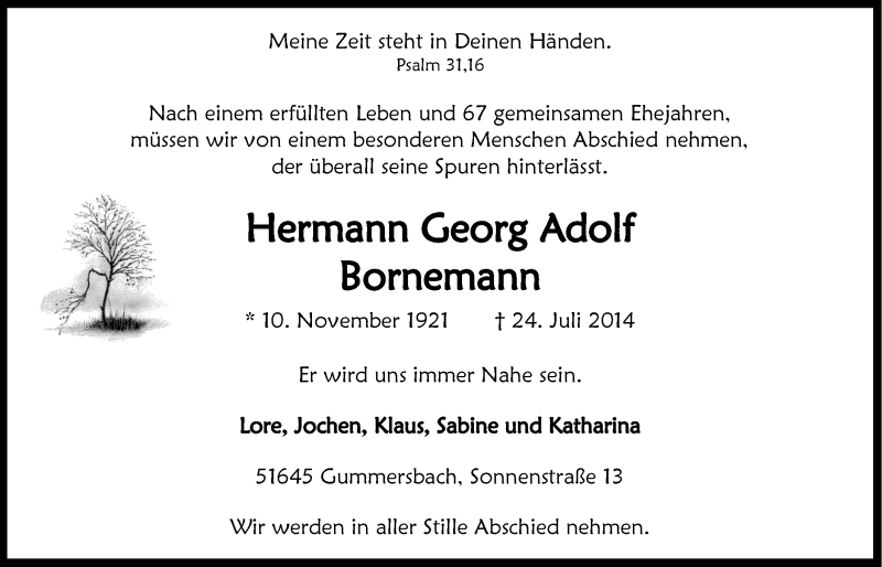  Traueranzeige für Hermann Georg Adolf Bornemann vom 06.08.2014 aus  Anzeigen Echo 