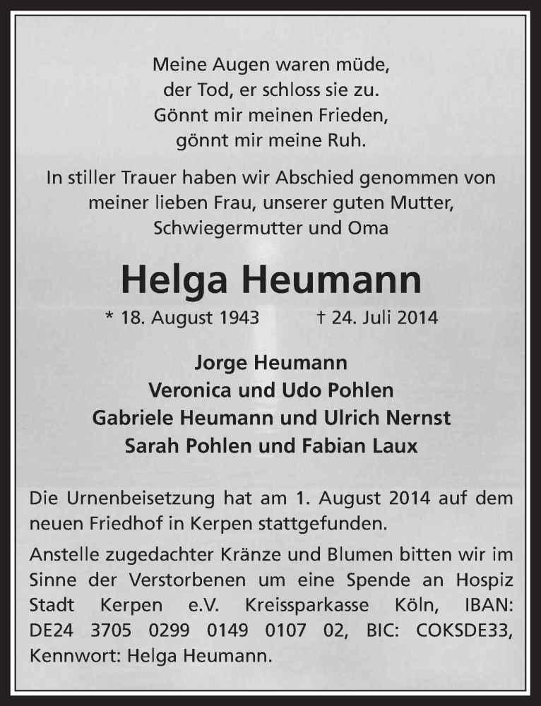  Traueranzeige für Helga Heumann vom 06.08.2014 aus  Werbepost 
