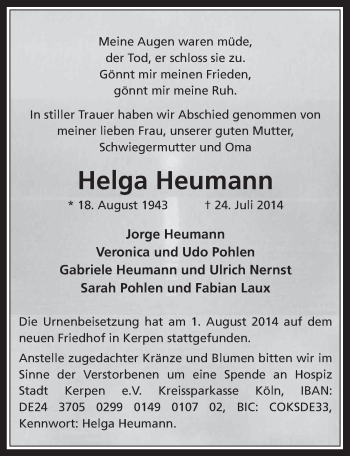 Anzeige von Helga Heumann von  Werbepost 