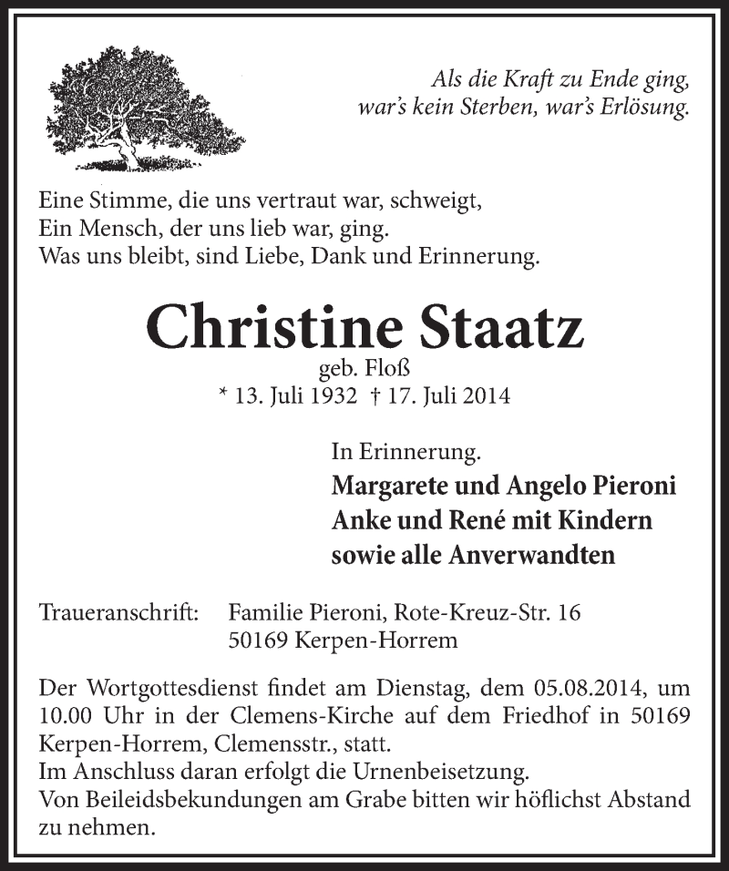  Traueranzeige für Christine Staatz vom 02.08.2014 aus  Sonntags-Post 