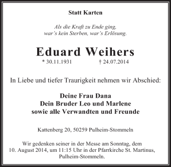 Anzeige von Eduard Weihers von  Wochenende 