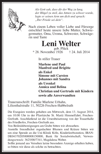 Anzeige von Leni Welter von  Wochenende 