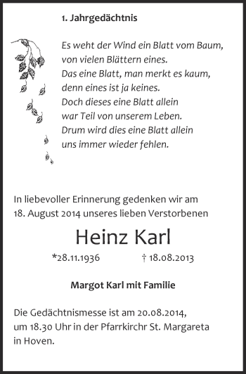 Anzeige von Heinz Karl von  Blickpunkt Euskirchen 