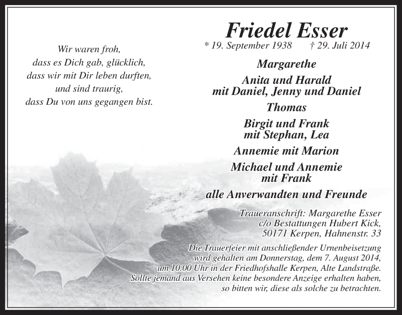  Traueranzeige für Friedel Esser vom 06.08.2014 aus  Werbepost 