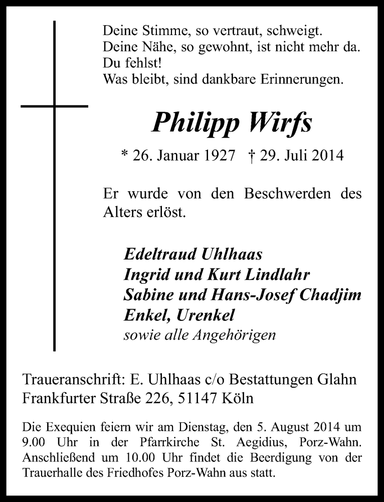  Traueranzeige für Philipp Wirfs vom 02.08.2014 aus 
