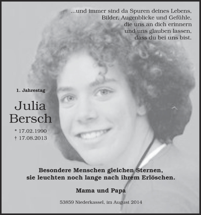  Traueranzeige für Julia Bersch vom 13.08.2014 aus  Extra Blatt 